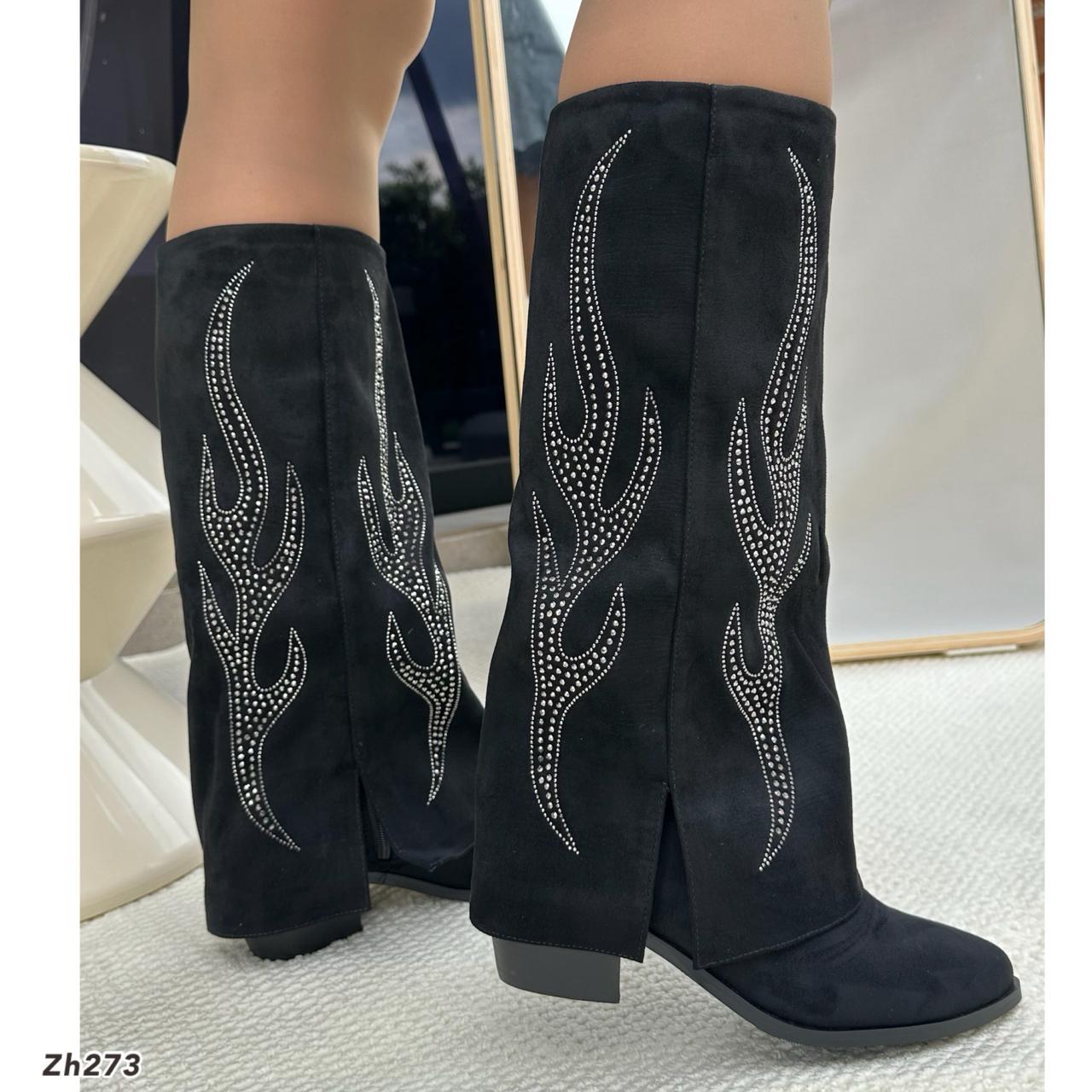 Bota texana negro doblez apliques plateado tacon 6cm 255-075